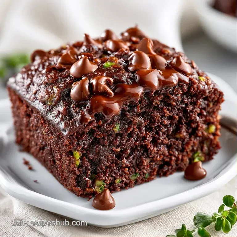 Thick slice of rich, dark cake on a white plate, topped with a dollop of cream and a dusting of cocoa powder.