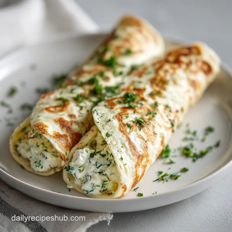 A neatly rolled white cottage cheese and herb wrap, sliced to reveal the creamy interior, presented on a bright white plate.