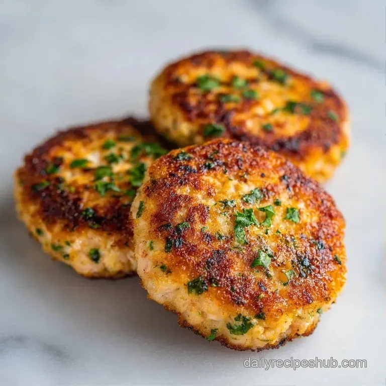 Three seared golden patties resting on a swirl of creamy tartar sauce, garnished with microgreens and lemon.