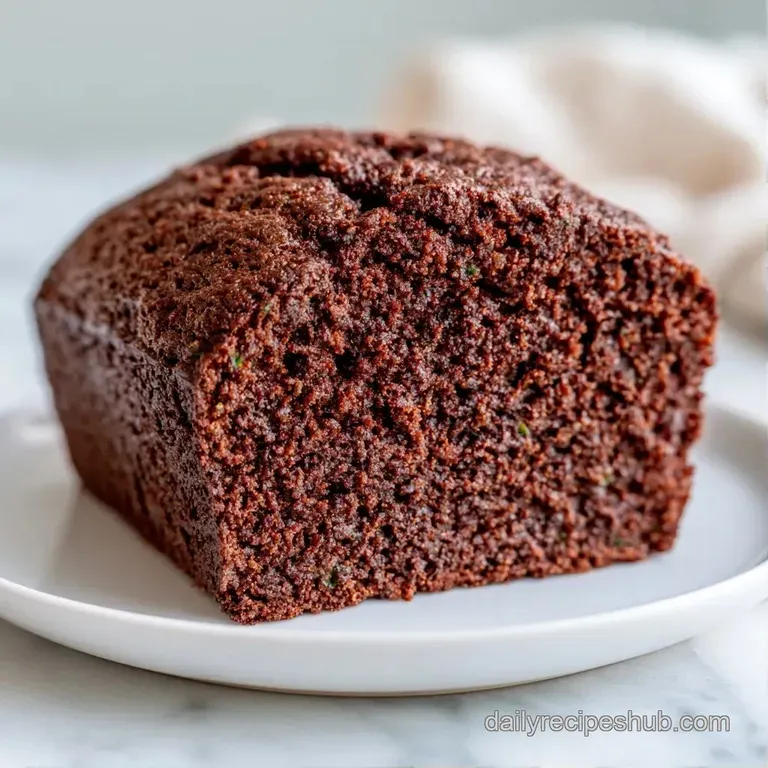 A thick slice of moist chocolate cake on a white ceramic plate with a dusting of powdered sugar and a mint leaf.