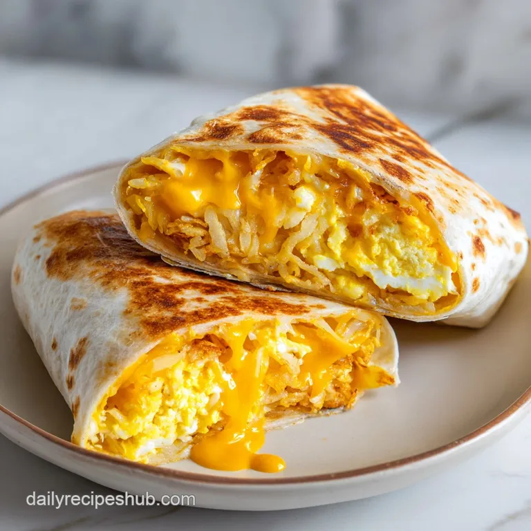 A sliced breakfast burrito revealing fluffy scrambled eggs, melted cheese, and spicy sausage on a dark slate board.