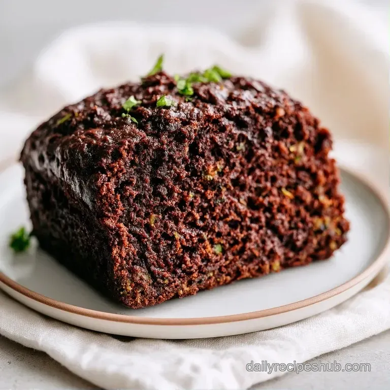 A thick slice of deep cocoa cake on a white plate, paired with a dollop of whipped cream and fresh berries.