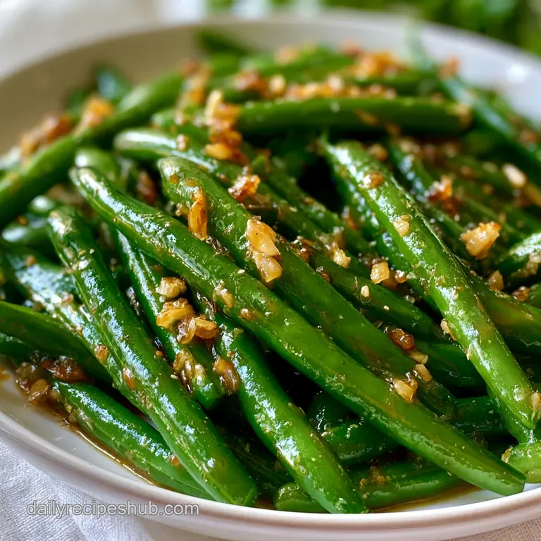 Elegant heap of bright green beans with a reflective glaze, served in a modern bowl with a silver serving spoon.