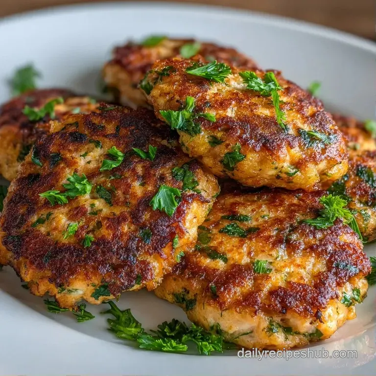 Three golden fish cakes stacked neatly with a dollop of creamy tartar sauce and a sprig of fresh green parsley.