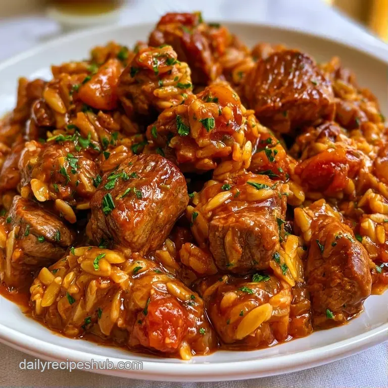 A shallow ceramic bowl filled with tender meat and buttery grains, garnished with lemon zest and fresh herbs.