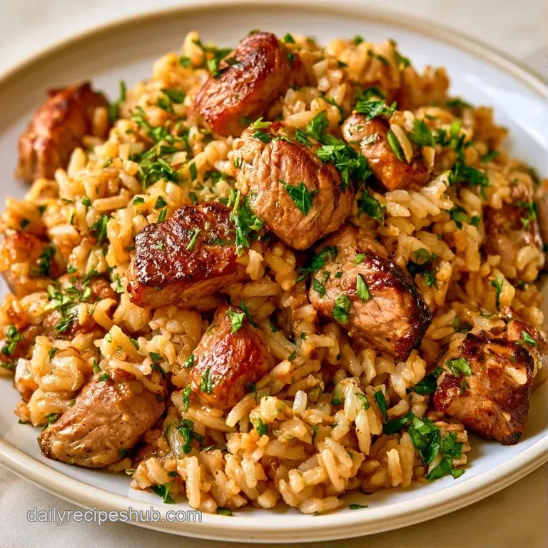 Elegant plating of juicy seared meat and lemon-scented rice garnished with bright green herbs and a lemon wedge