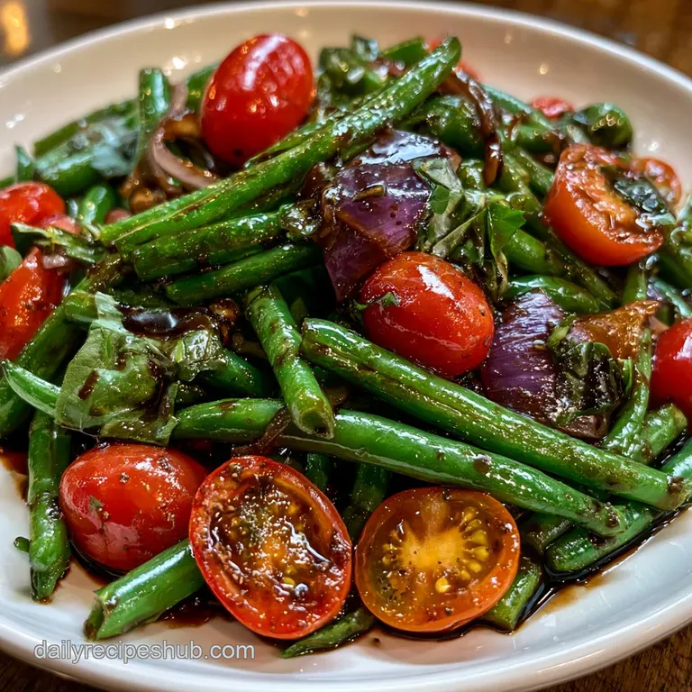 Vibrant green beans and red onion slivers arranged on a white ceramic platter with fresh lemon wedges and herbs.
