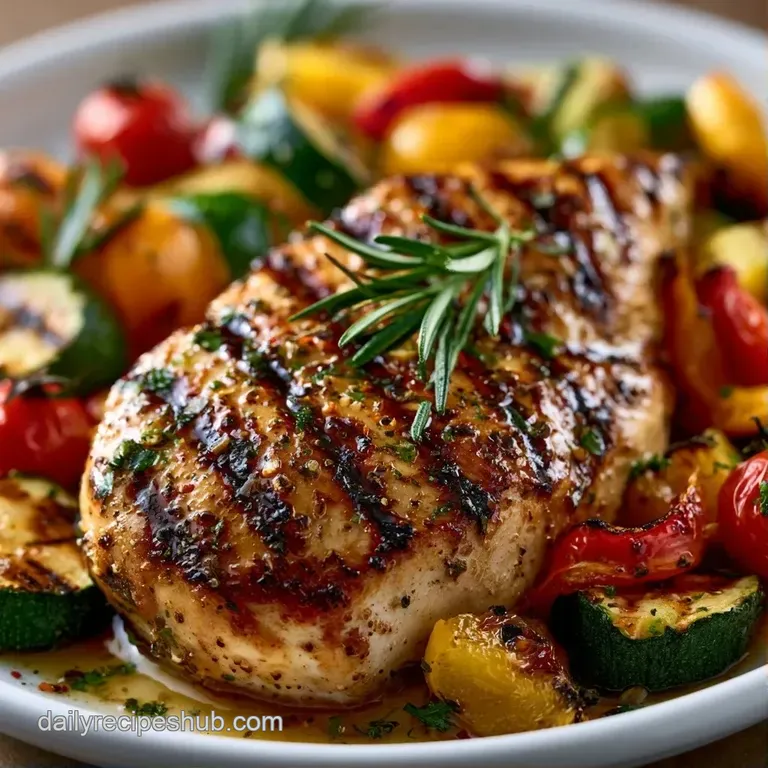 Sliced juicy chicken breast arranged with roasted zucchini and red peppers on a modern slate plate with herb oil.