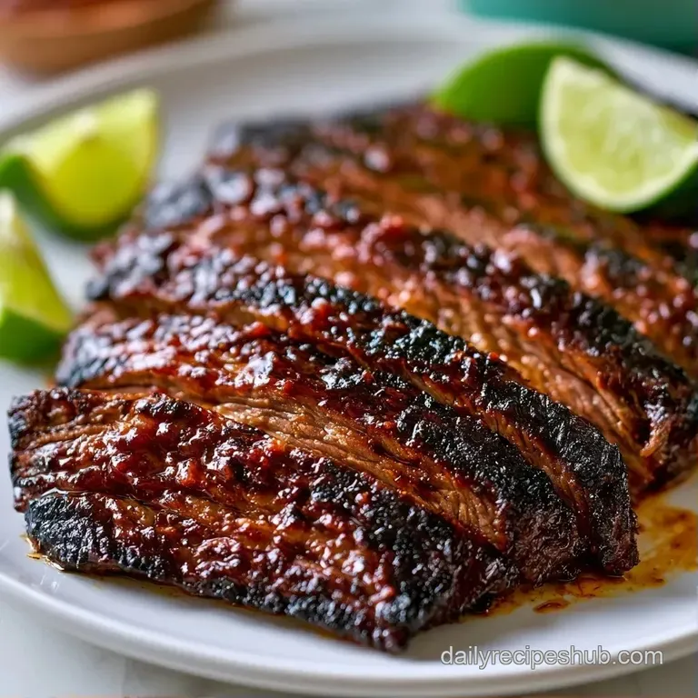 Thinly sliced seared beef arranged on a white ceramic plate with fresh lime wedges and sprinkled red chili flakes.