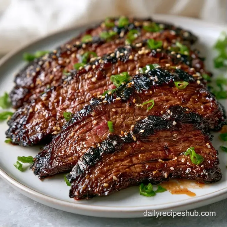 Thinly sliced marinated beef arranged on a ceramic plate with bright green scallions and toasted sesame seeds.