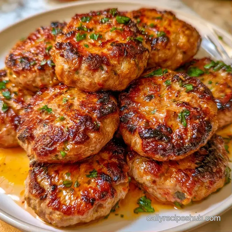 Three browned meat patties arranged on a white ceramic plate with a dollop of creamy tzatziki and a sprig of mint.