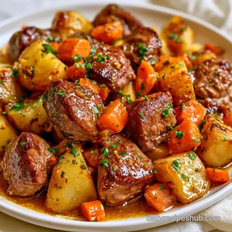 Saut&eacute;ed meat and golden potato chunks served in a white ceramic bowl, garnished with a sprig of fresh green herbs.