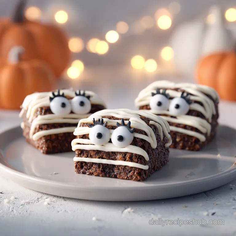 A spooky stack of mummy brownies, their festive candy eyes peeking out from frosted bandages.
