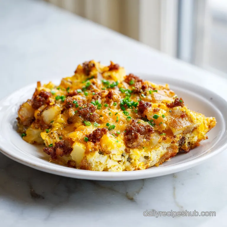 A square slice of cheesy potato bake on a white plate, garnished with fresh parsley and a silver fork nearby.