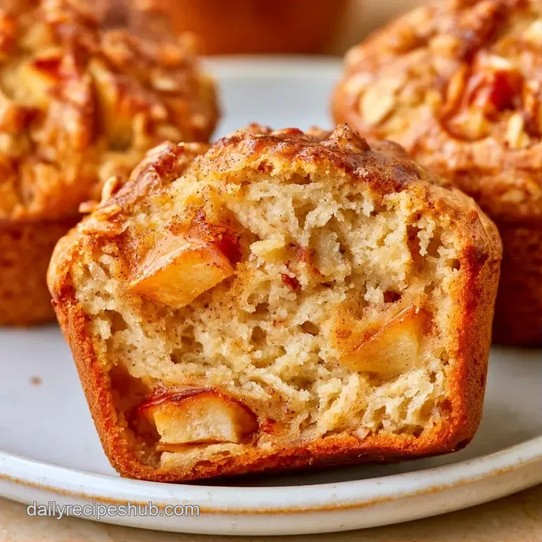 Rustic golden muffins topped with toasted oats on a wooden board, accented by sliced fresh apples and cinnamon sticks.