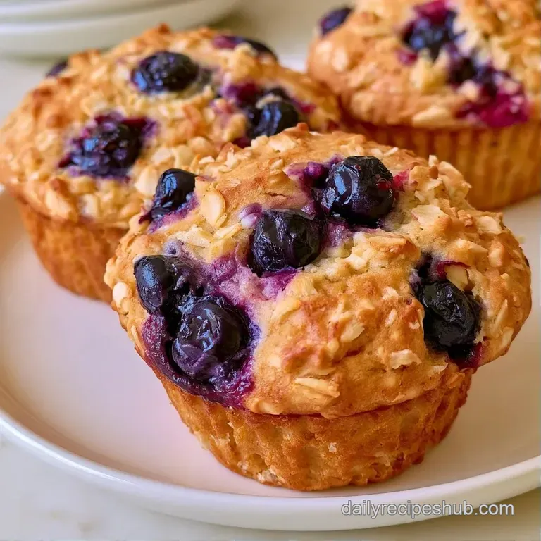Two golden muffins on a white ceramic plate with a linen napkin and a small bowl of fresh blueberries.