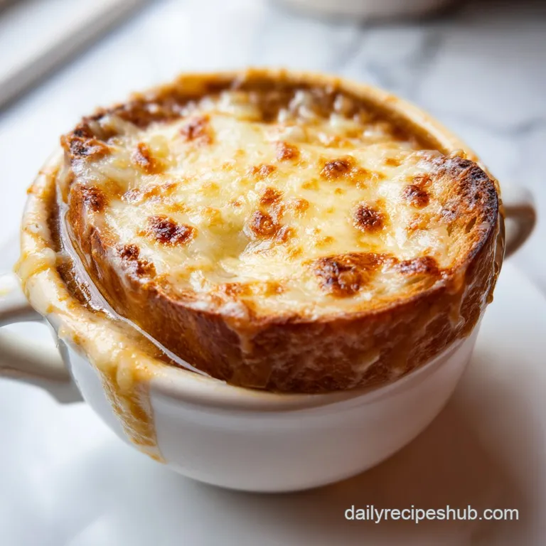 Steam rising from a rustic ceramic crock filled with brown broth and a thick, melted cheese crust on a wooden table.