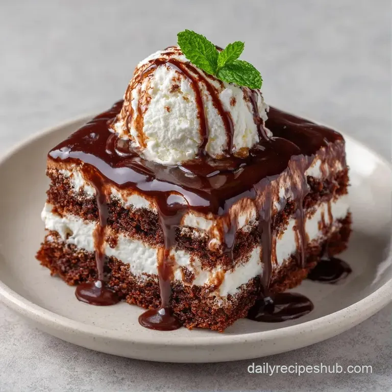 A single slice of chilled cake showing distinct layers of cream and sponge, topped with a mint leaf and berry.