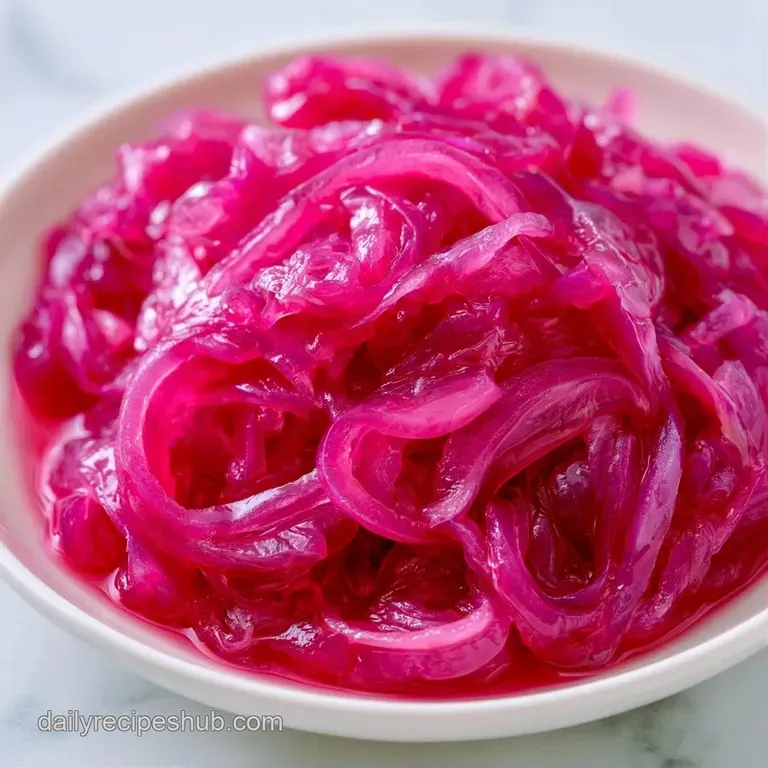Bright pink translucent onion slices piled in a small white ceramic bowl on a rustic wooden table surface.