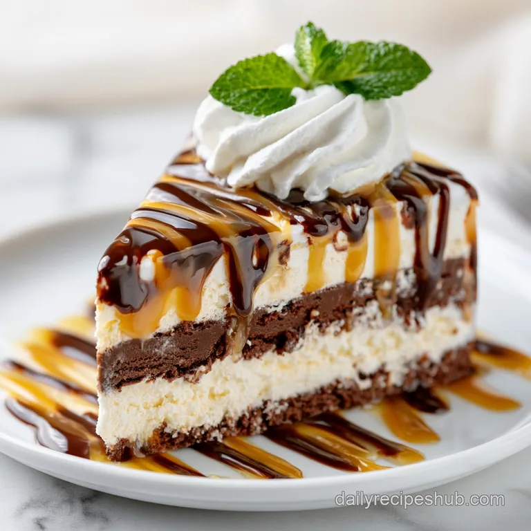 A slice of layered chocolate and cream cake on a white plate, drizzled with warm fudge and topped with a red cherry.