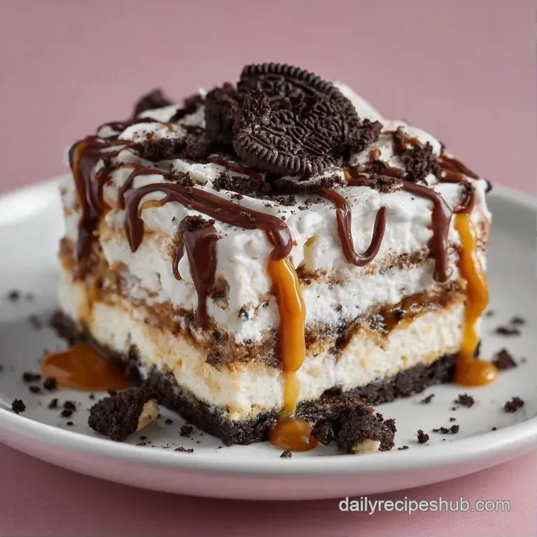 A neat slice of layered frozen dessert on a white plate, topped with whipped cream and a whole chocolate cookie.