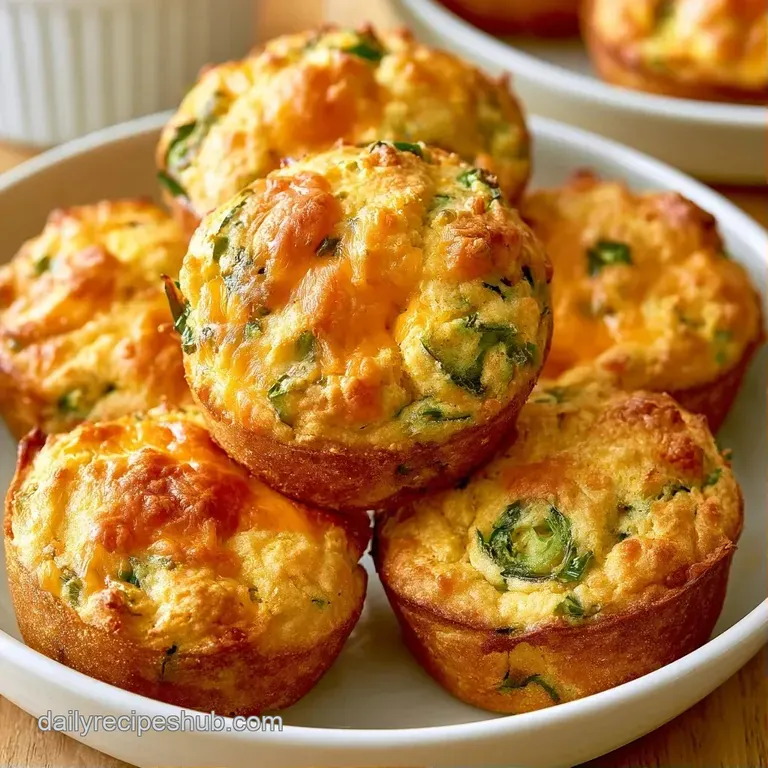Golden-yellow savory muffins on a white platter, served with a side of whipped butter and fresh green herbs.
