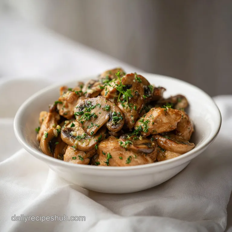 A portion of creamy chicken and mushroom bake, topped with toasted herbs, served in a rustic ceramic dish.