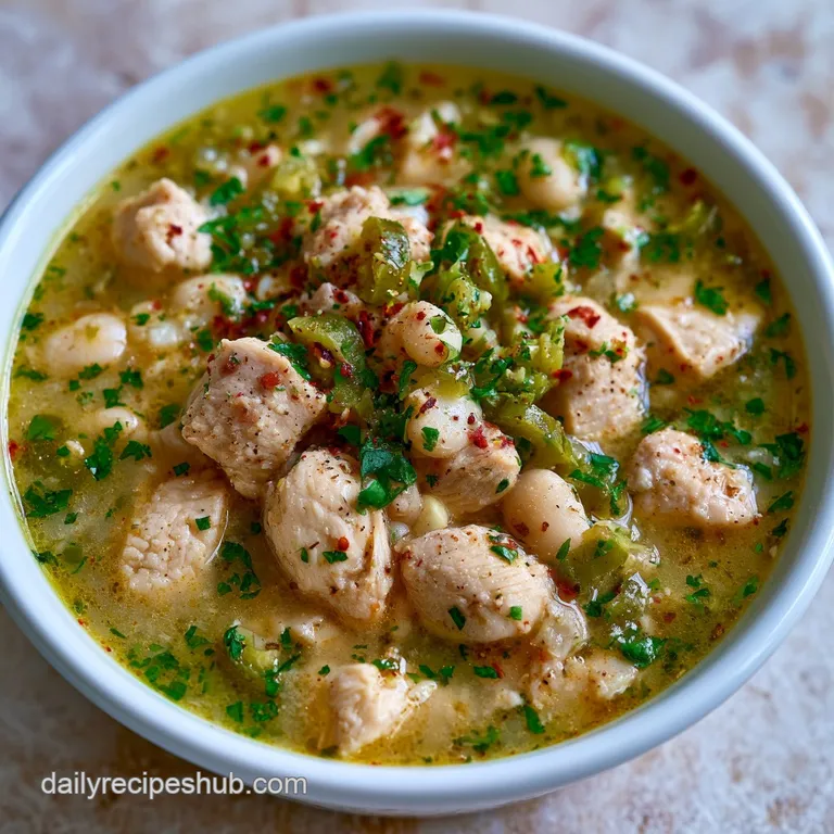 Thick white chicken stew topped with sliced jalape&ntilde;os and avocado cubes on a clean white marble surface.
