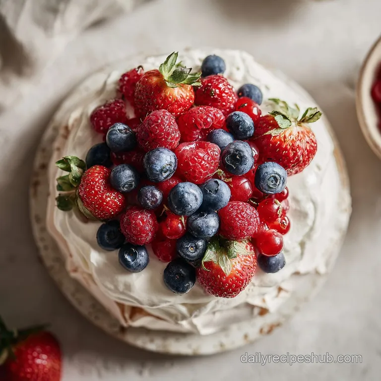 A single slice of pavlova, its airy meringue and soft cream artfully topped with jewel-toned berries.
