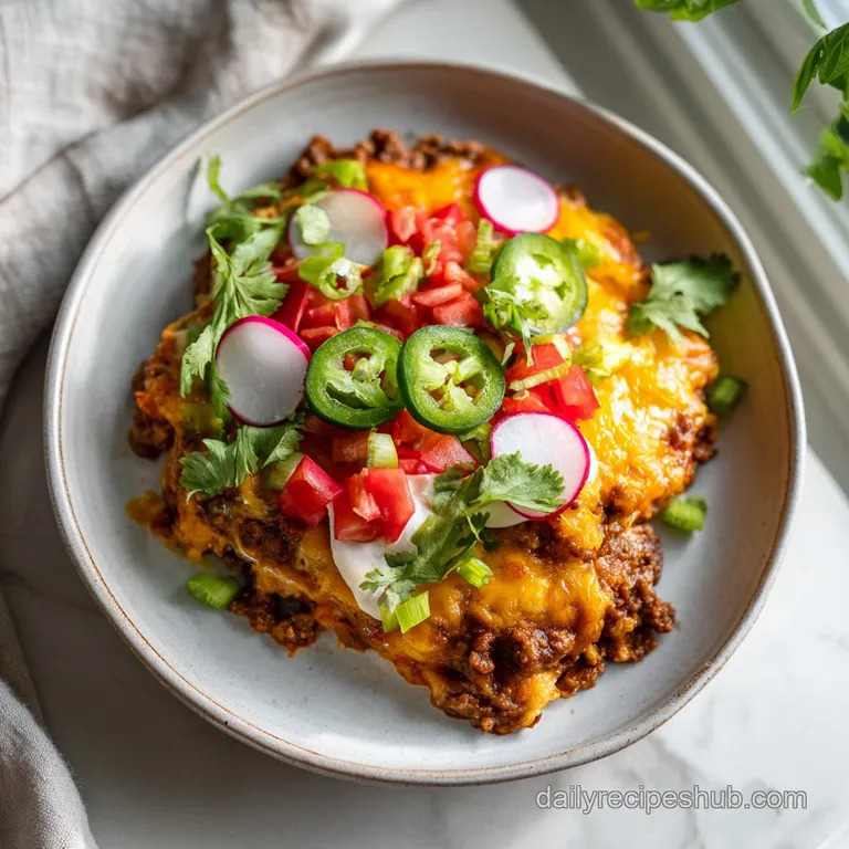 A generous scoop of cheesy keto taco bake sits atop a rustic ceramic plate, garnished with fresh cilantro.