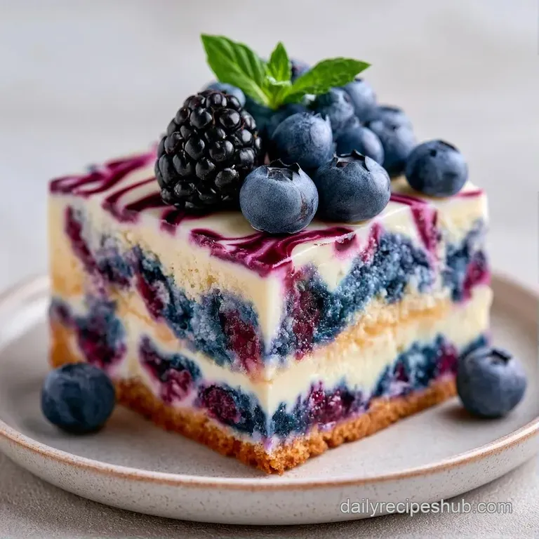 Elegant slice of layered chilled cake showing creamy yellow tiers and fresh blueberries on a minimalist white dish.