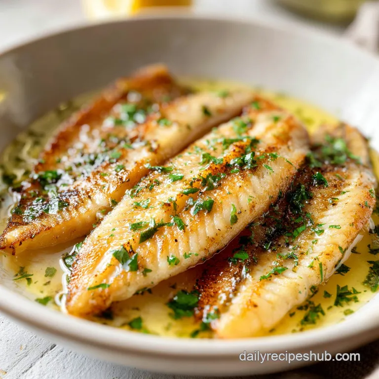 Flaky white fish fillet on a ceramic plate, drizzled with translucent butter and topped with a sprig of fresh dill.