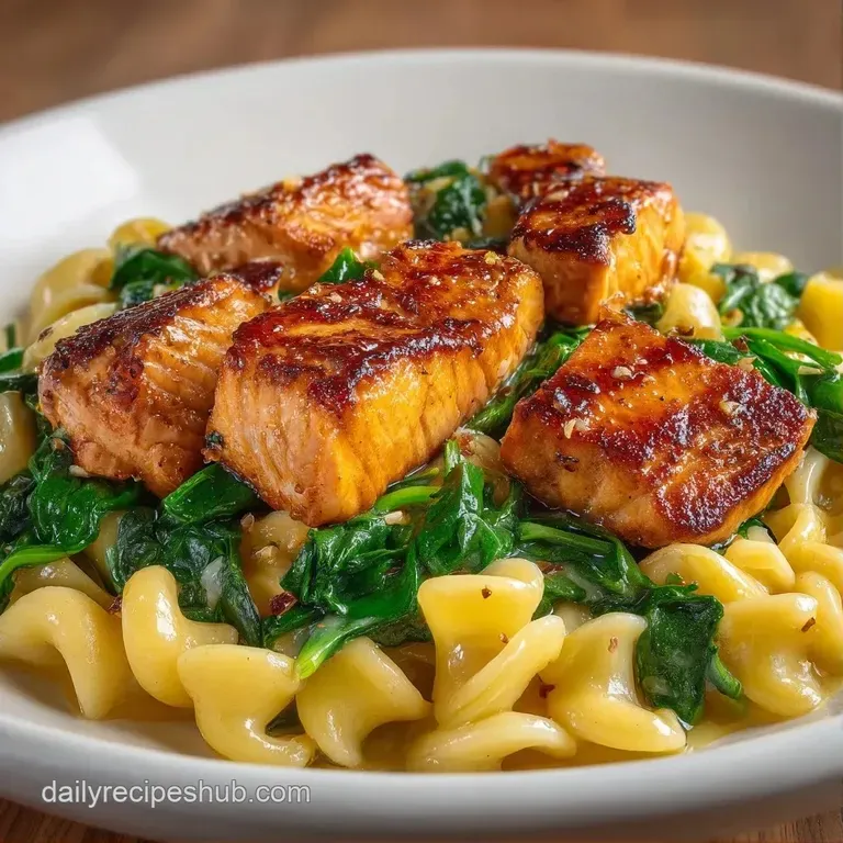 Swirled pasta topped with a golden salmon fillet and lemon wedge, elegantly plated on a dark matte ceramic dish.