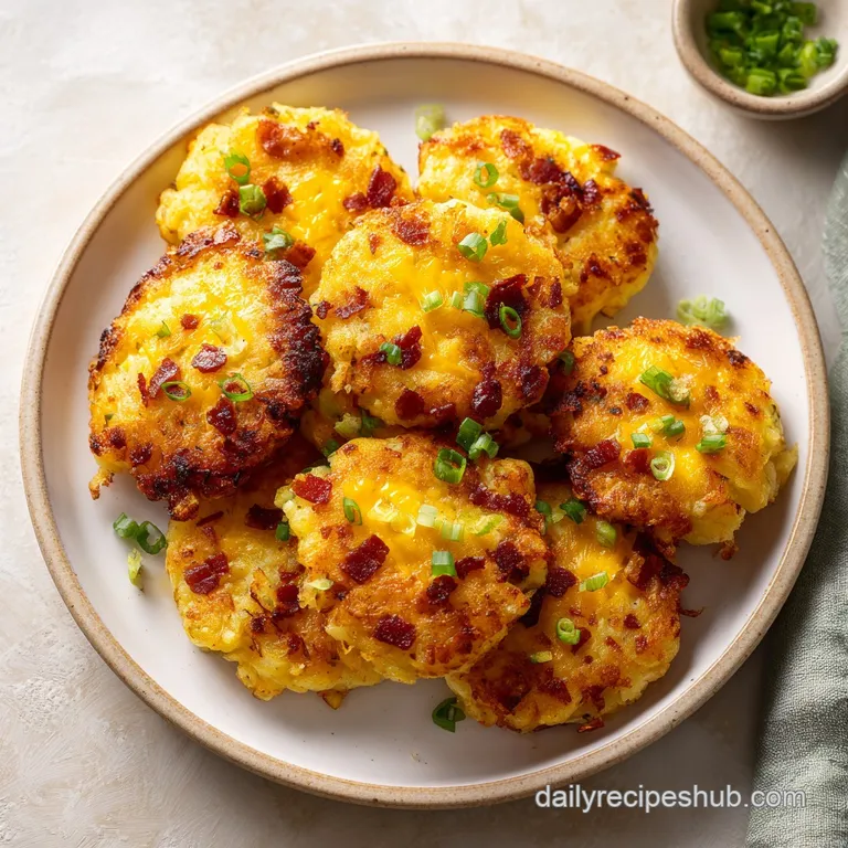 Neatly stacked golden potato cakes topped with a swirl of creamy sour cream and finely sliced green onions.