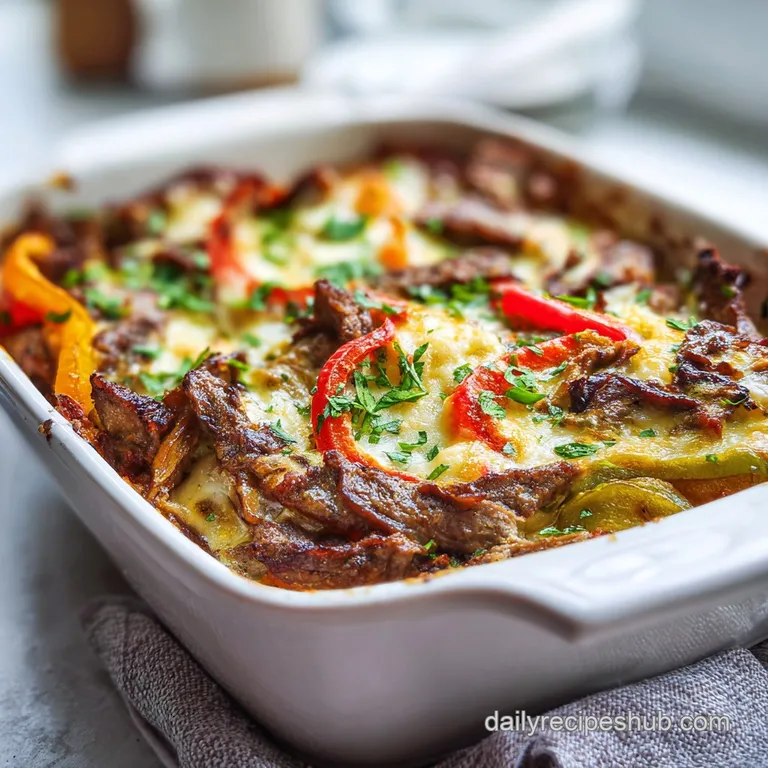 Generous scoop of savory cheesesteak casserole on a white plate, garnished with fresh green onions.