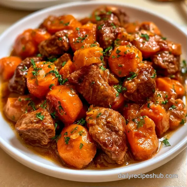 A shallow ceramic bowl filled with slow-cooked meat and root vegetables, topped with fresh cilantro and sesame seeds.