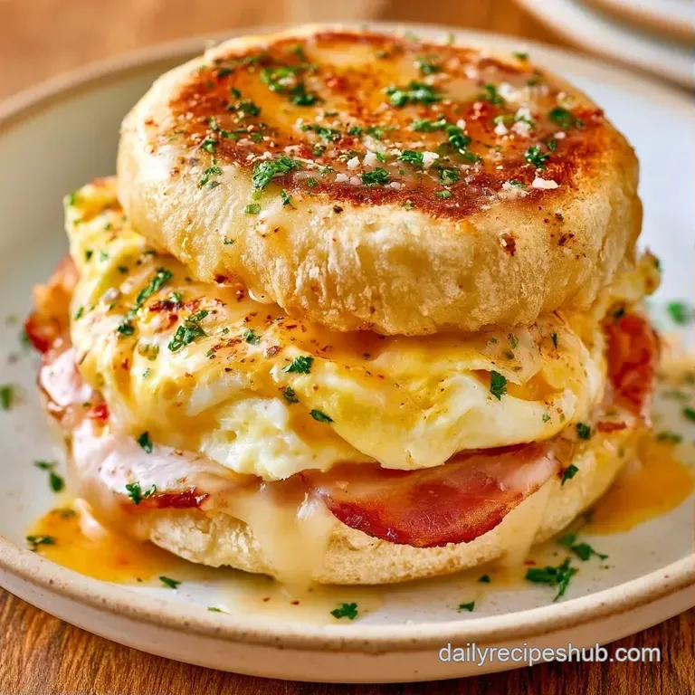 Two fluffy egg and melted cheese sandwiches stacked on a white plate, garnished with a sprig of fresh parsley.