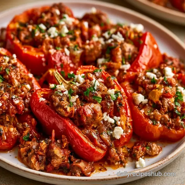 Vibrant red and yellow peppers filled with savory meat and melted white cheese, plated on a clean white porcelain dish.