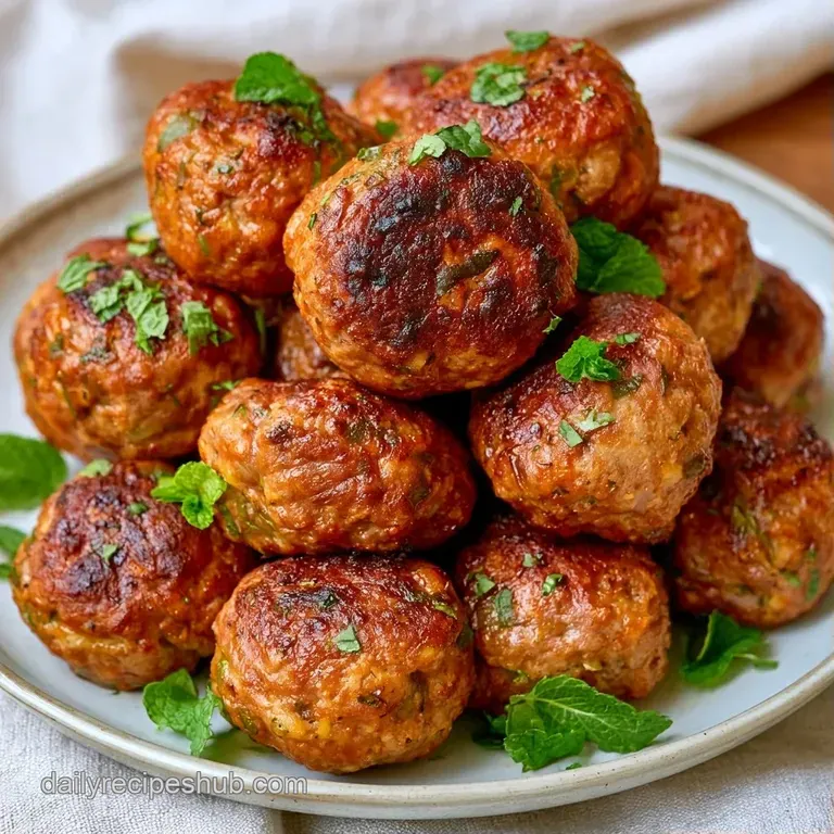 Browned meatballs on a platter with dollops of creamy white yogurt, fresh cilantro, and bright pomegranate seeds.