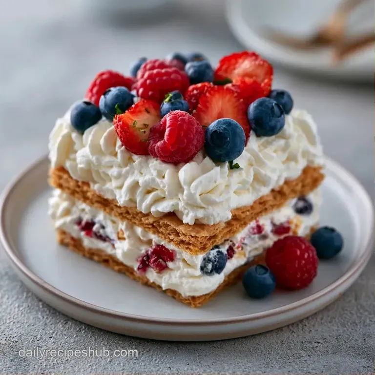 A slice of chilled layered cream dessert topped with fresh berries, served on a clean white plate with a silver fork.