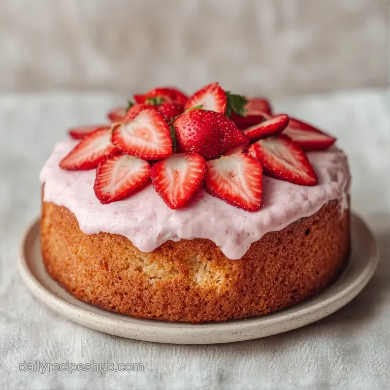 A precise slice of pale pink cake with creamy frosting and a whole strawberry on a modern white porcelain plate.