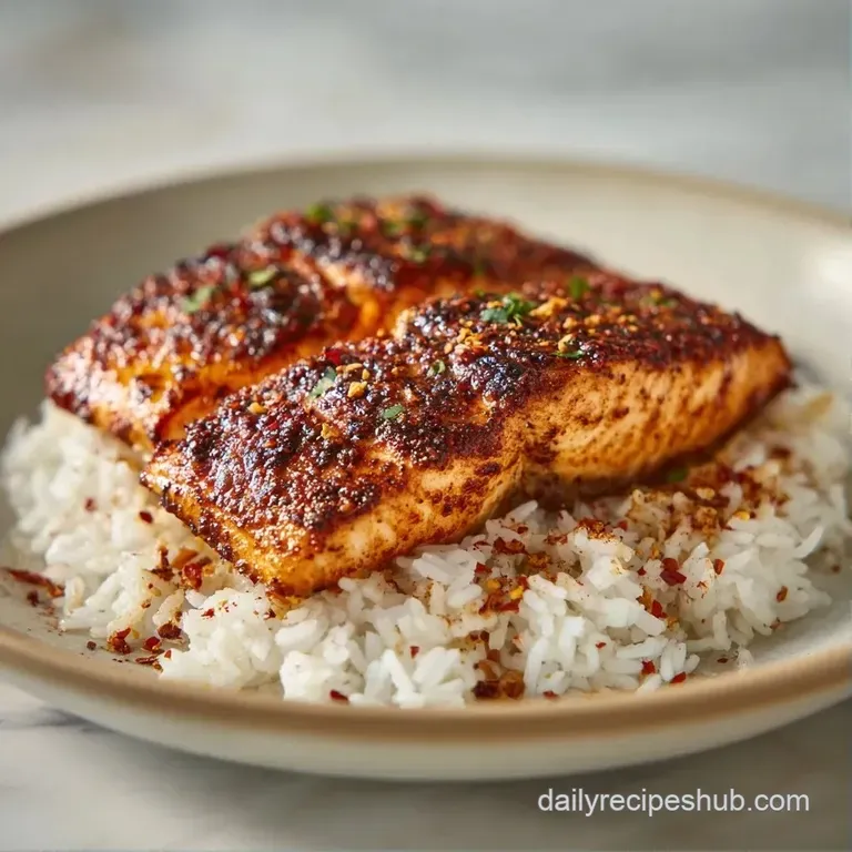 Elegant plate of flaky pink salmon over steamed rice, garnished with a lemon wedge and a sprig of fresh parsley.