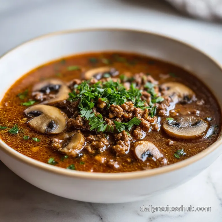 Rich, creamy mushroom and beef soup in a white bowl, garnished with chopped parsley and served with crusty bread.