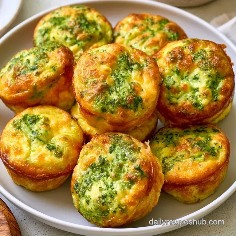 Three savory green and yellow egg bites arranged on a white ceramic plate with a fresh sprig of green parsley.