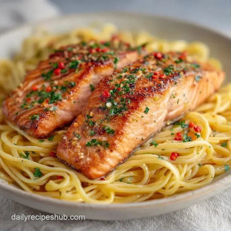 Elegant swirl of pasta topped with golden-seared salmon chunks, fresh green herbs, and a lemon wedge on a white plate