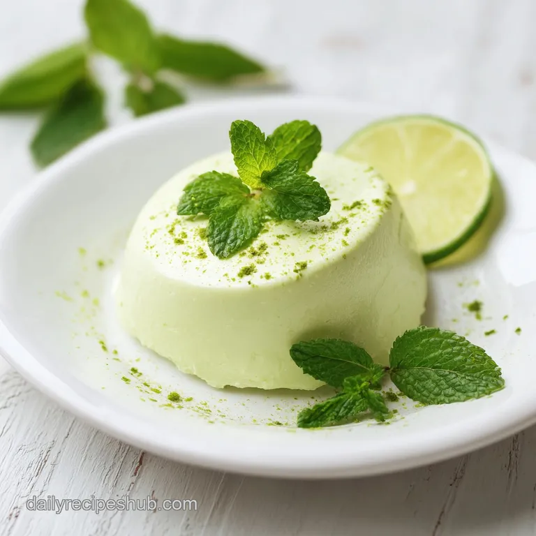 A smooth, pale green mousse artfully presented in a glass ramekin, topped with fresh berries and a sprig of mint.