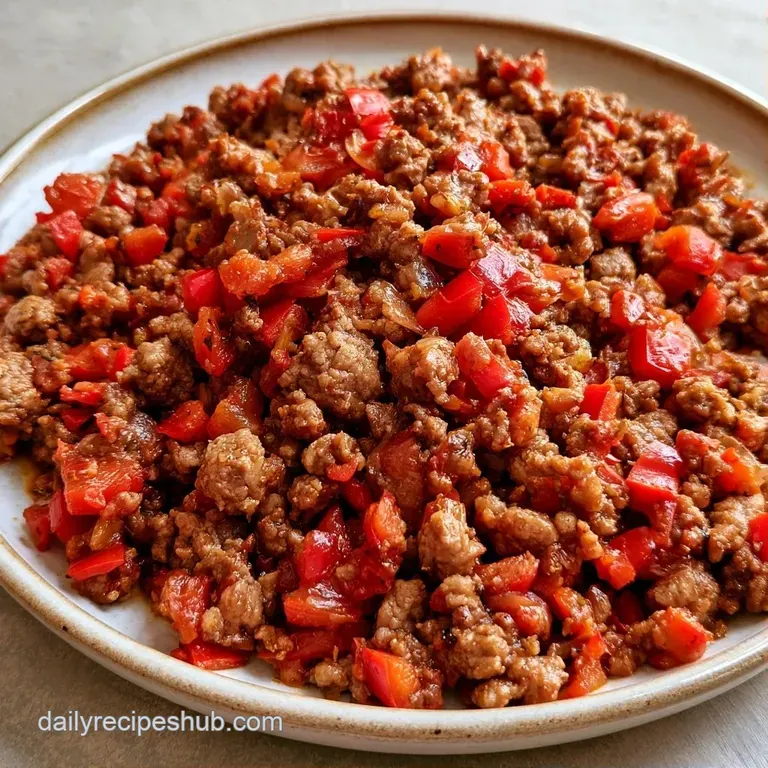 Tender seared lamb cubes and softened red peppers served in a pan with fresh parsley and a drizzle of savory juice.