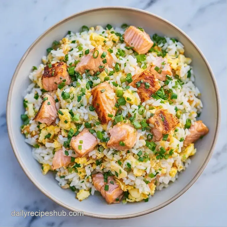 A white ceramic bowl filled with golden rice and pink salmon, garnished with sliced green onions and black sesame.
