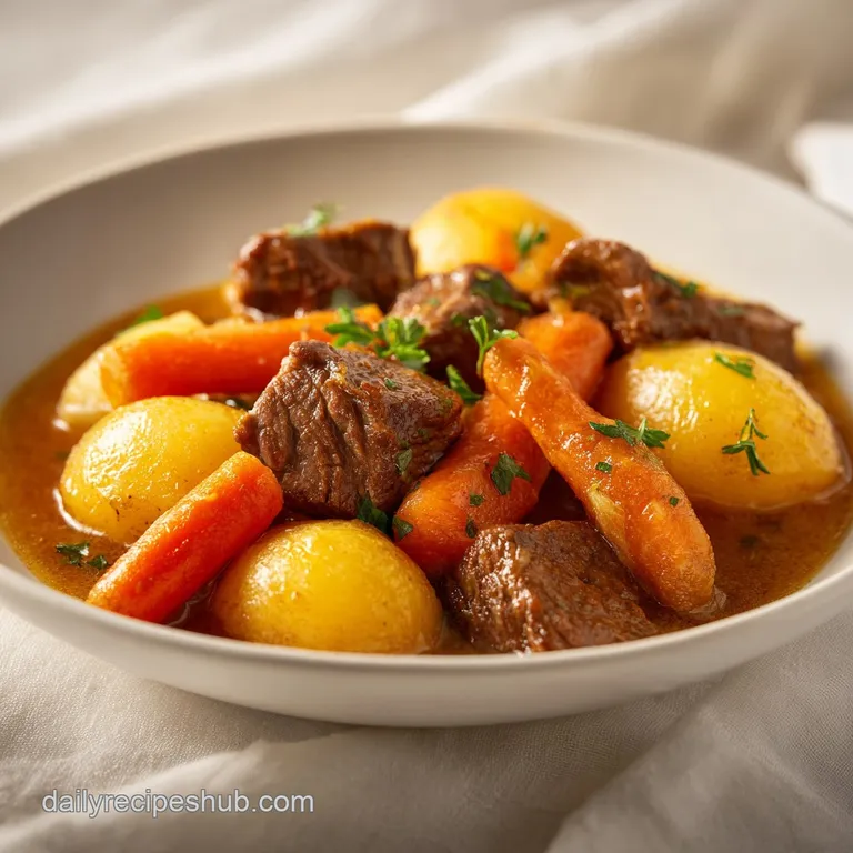 A comforting bowl of beef stew featuring deep brown broth, bright orange carrots, and fresh parsley sprigs for garnish.