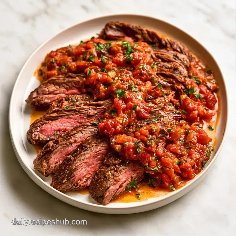 Slices of tender beef layered with bursting red cherry tomatoes and a glossy glaze on a minimalist white ceramic plate.